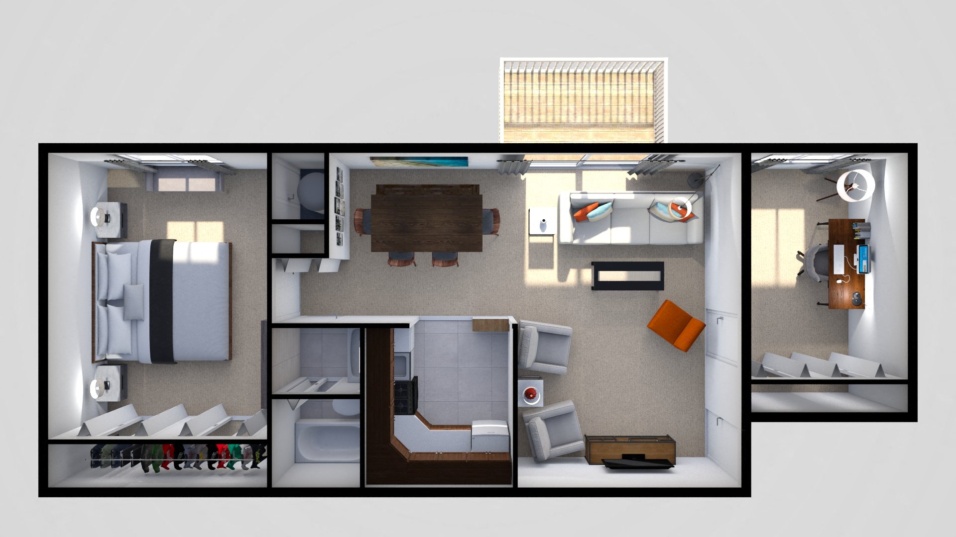 Floor plan for 1 bed, 1 bath, 852 sqft